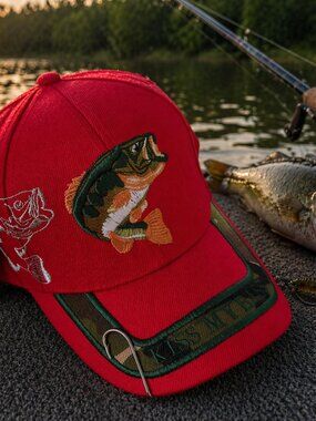 Bass Fishing Embroidered Kiss My Bass Strapback Hat Adult Adjustable Red NWT